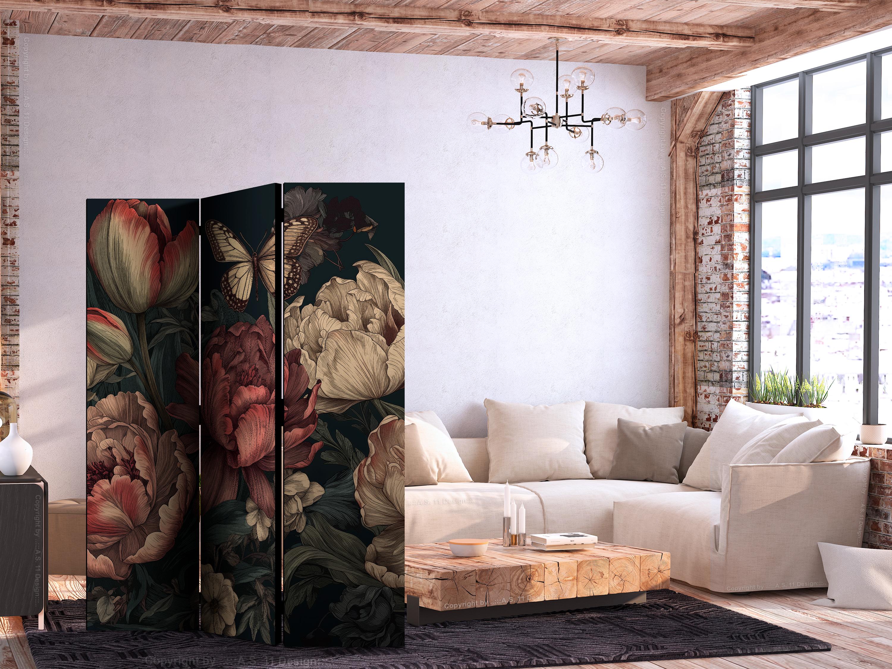 Skærmvæg med blomsterillustration og sommerfugl - turkis baggrund 135 x 172 cm - 135 x 172 cm - Akustik