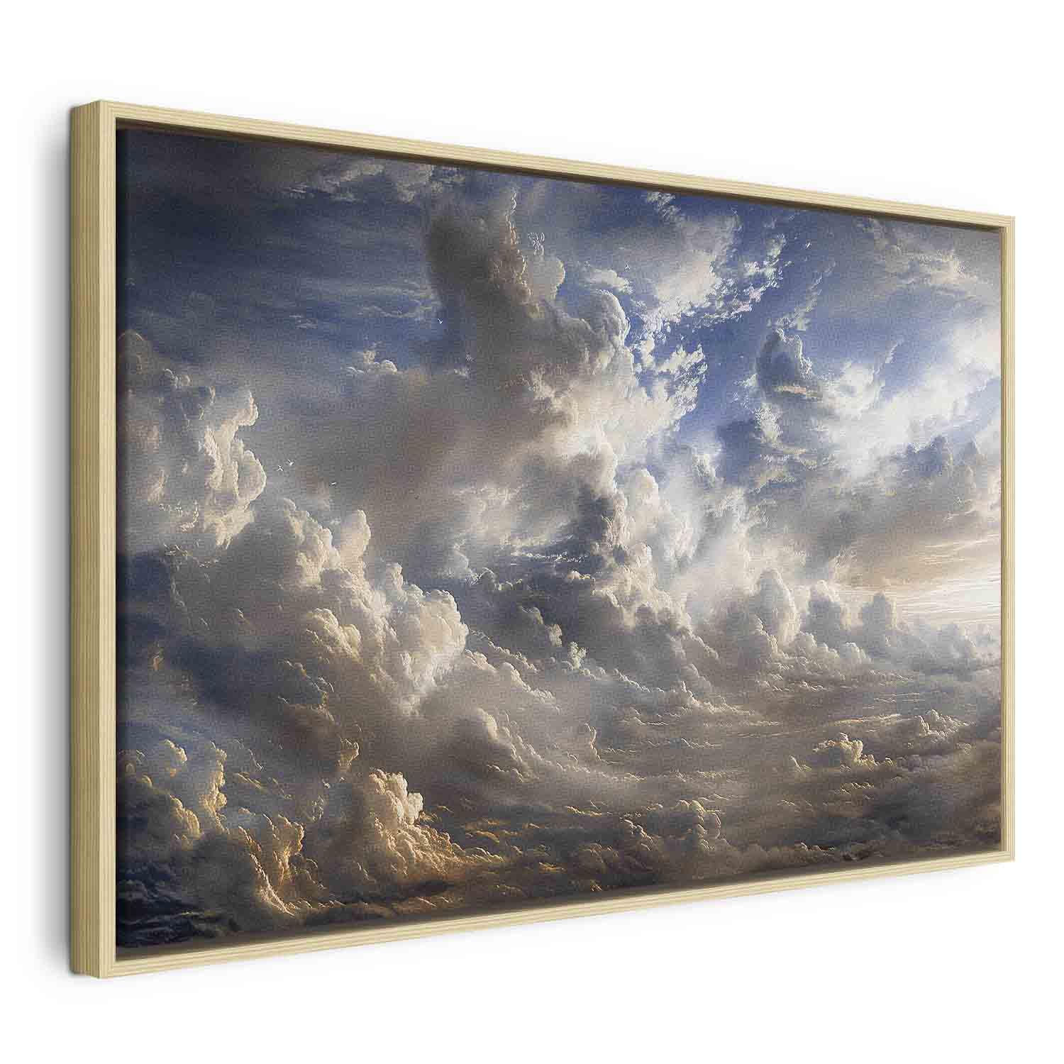 Lærredsbillede Gyldne refleksioner på skyer ved skumring - 120 x 80 cm - I en naturlig træramme