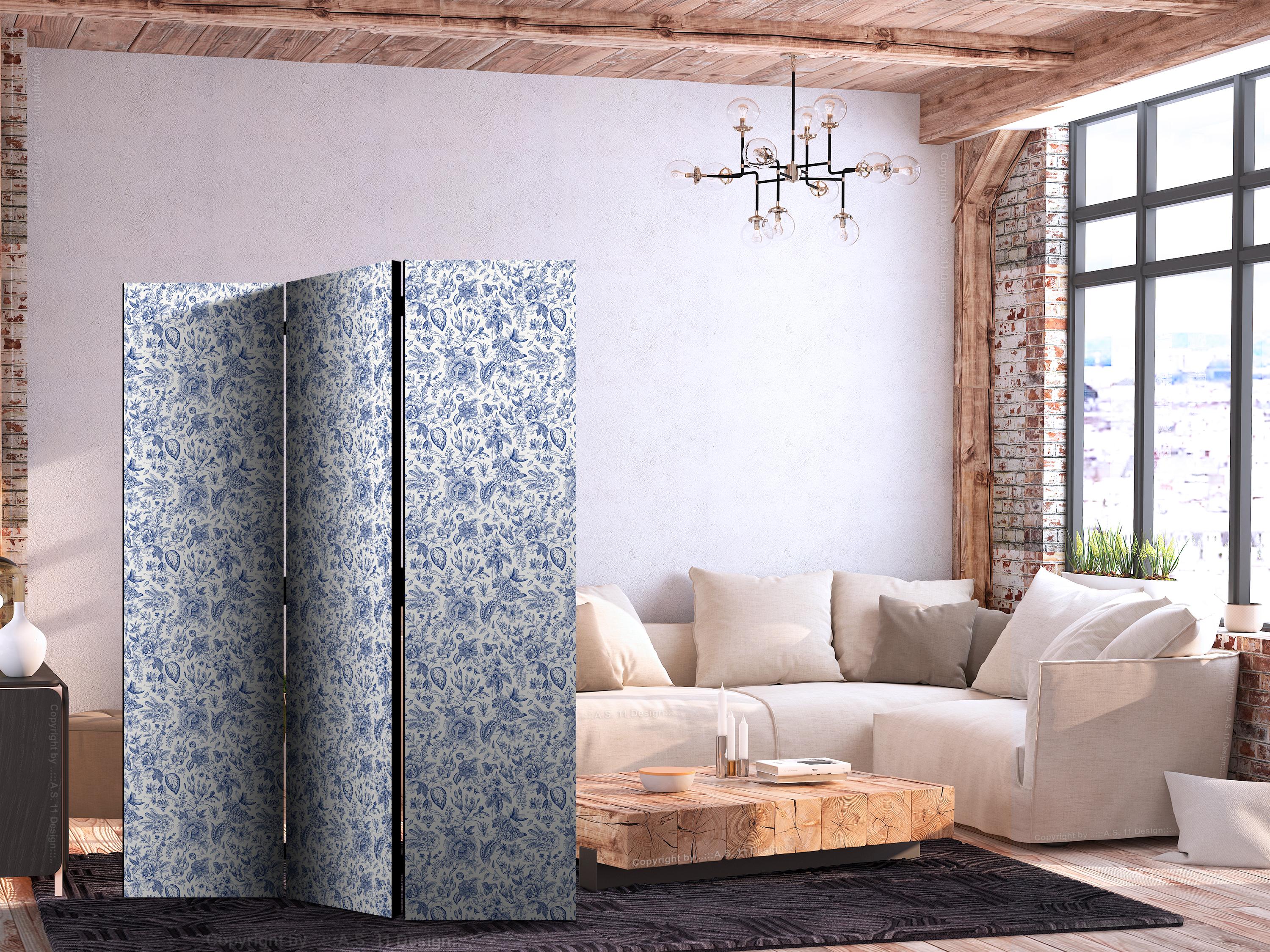 Skærmvæg med blå blomster på hvid baggrund - 3-panels rumdeler 135 x 172 cm - 135 x 172 cm - Akustik