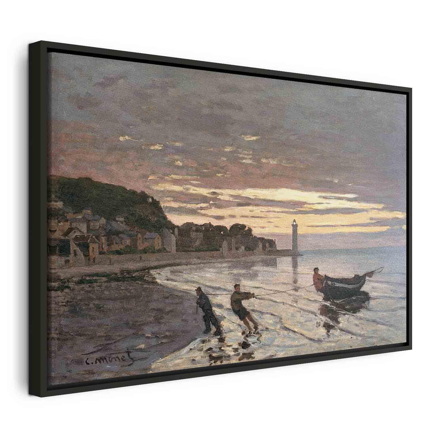 Claude Monet billede på lærred - At trække en båd i land, Honfleur - 60 x 40 cm - I en sort træramme