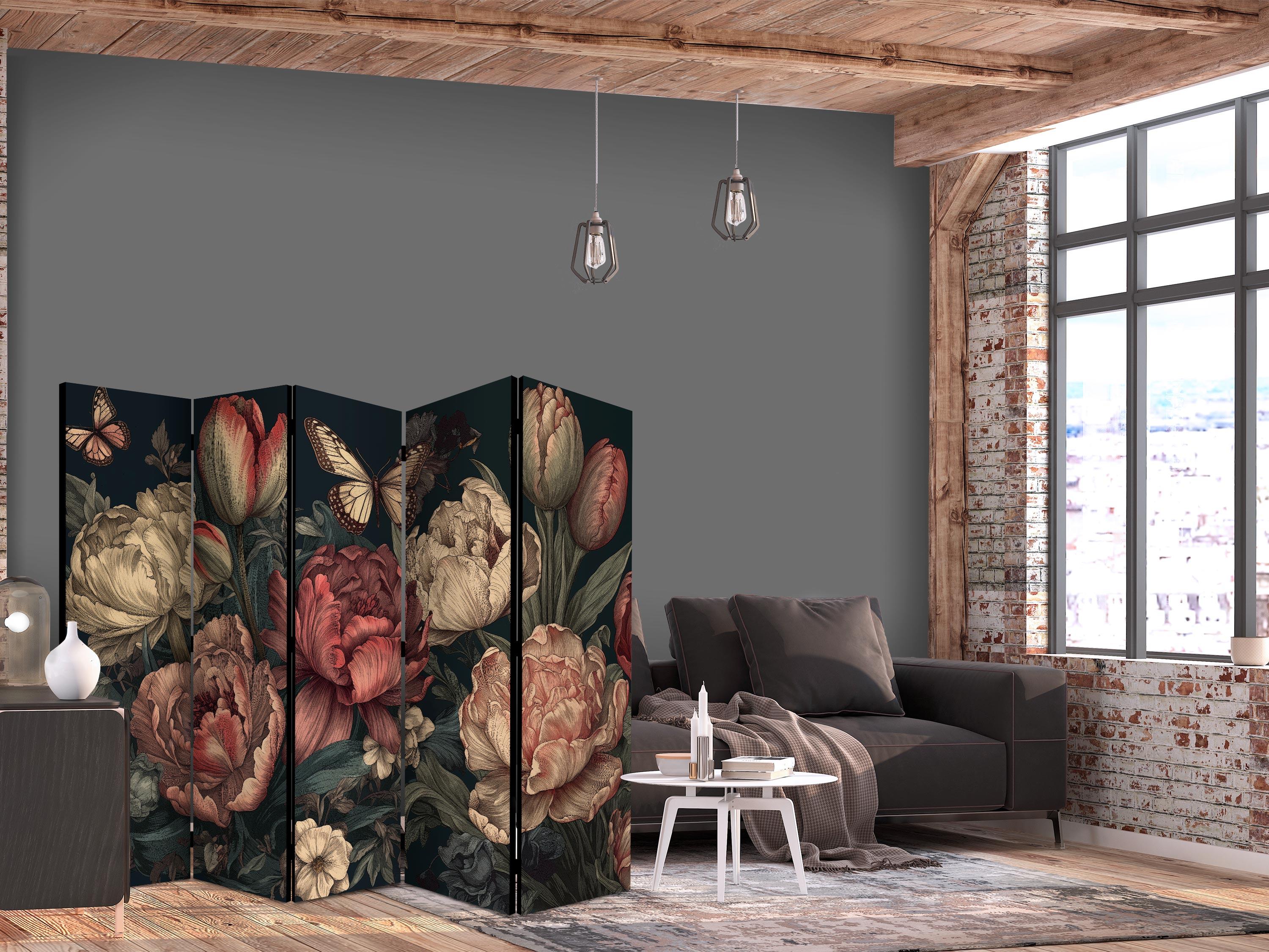 Skærmvæg med blomsterillustrationer - 5-panels rumdeler med blomsterknopper på turkis baggrund - 225 x 172 cm - Akustik