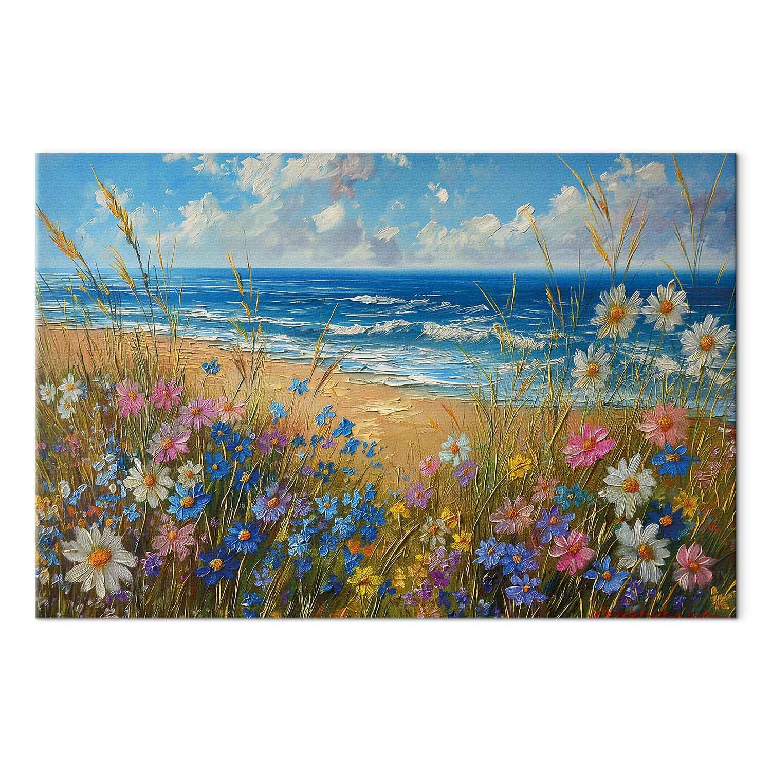 Landskabsbillede på lærred - vilde blomster og udsigt over det oprørte hav - 120 x 80 cm - Akustisk
