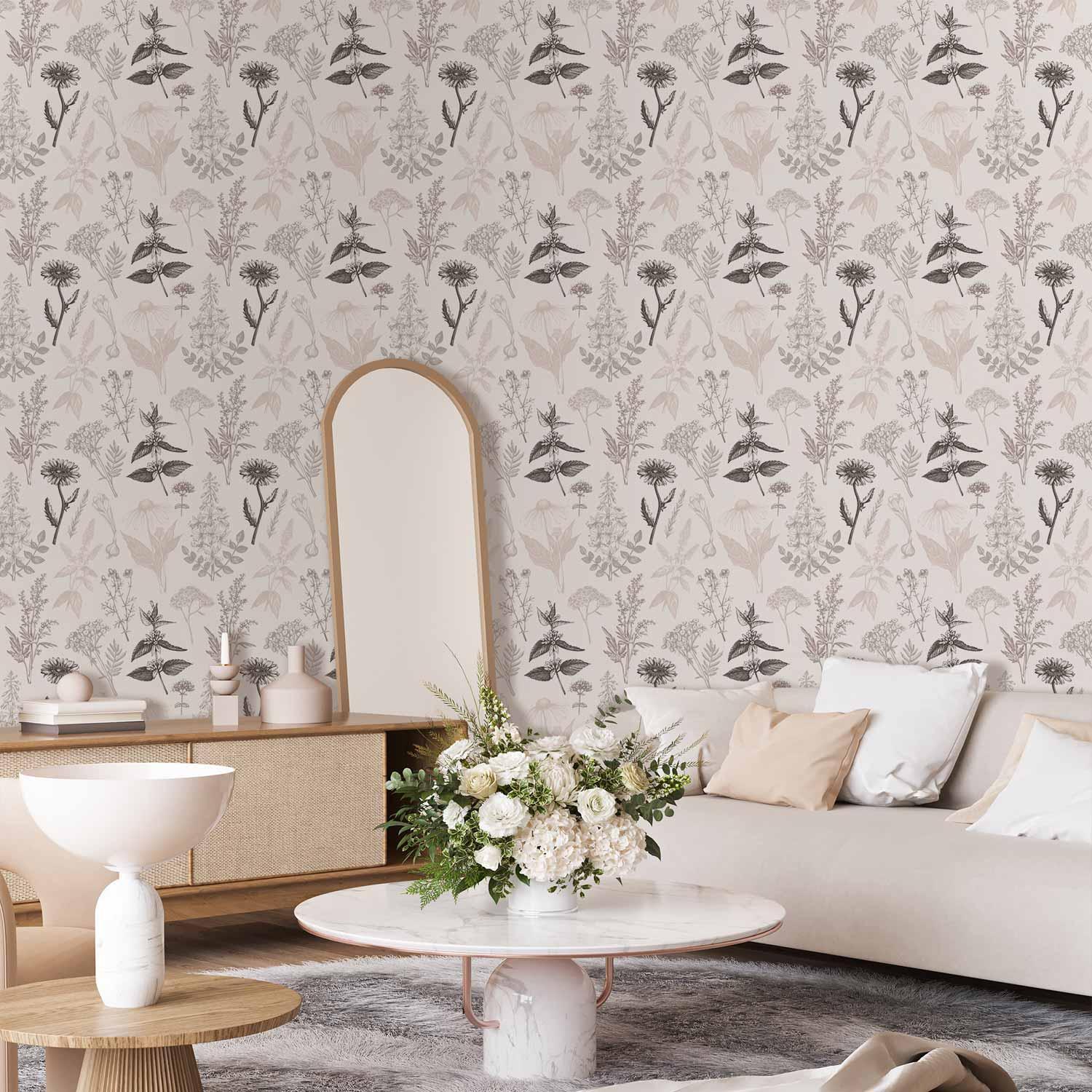 Blomstertapet med urter i varme grå nuancer - 50 x 1000 cm - Standard