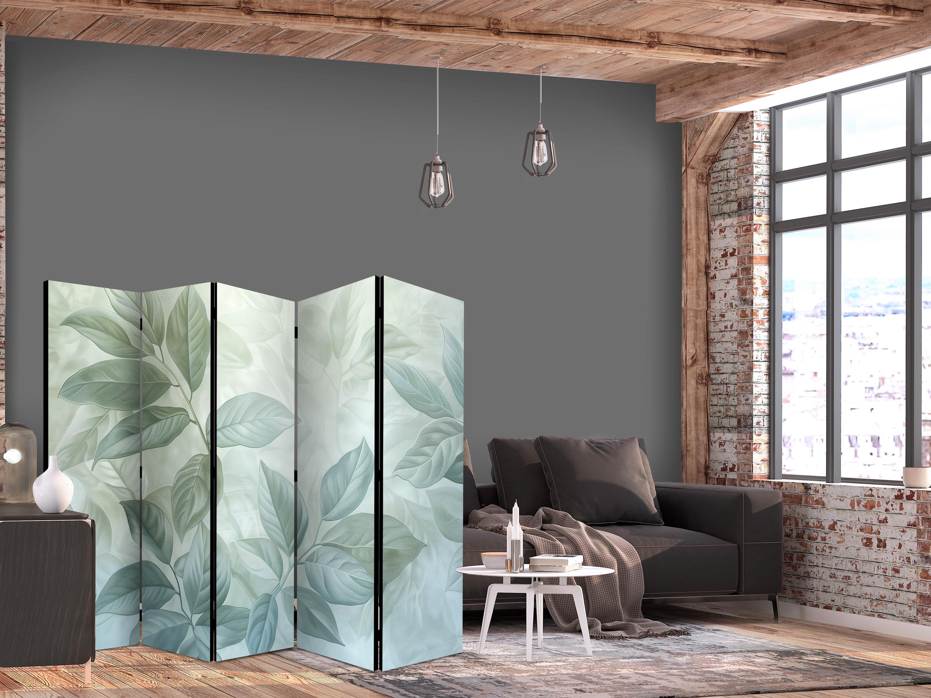 Skærmvæg med botanisk motiv i grønne mintnuancer - 5 paneler, 225 × 172 cm - 225 x 172 cm - Akustik