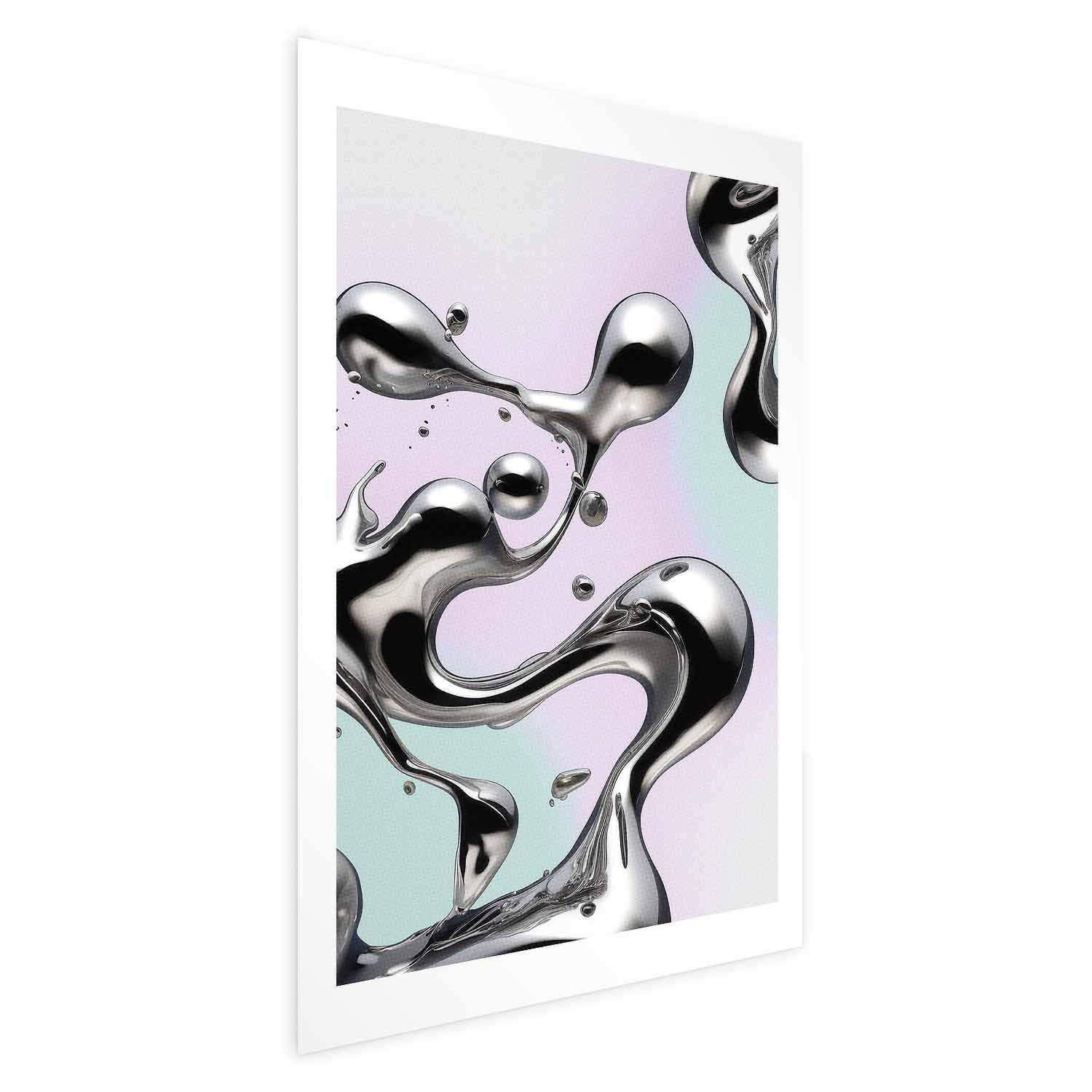 Abstrakt plakat Metallic Fluidity med sølvformer på mint-lilla baggrund - 29.7 x 42 cm - Uden ramme