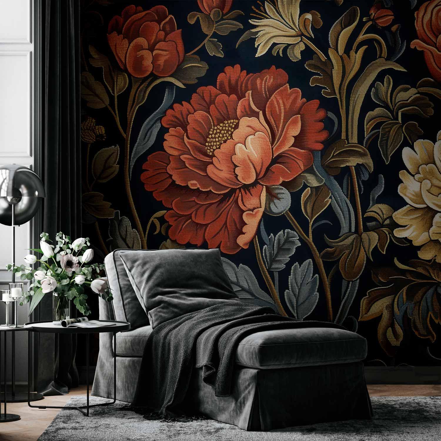 Fototapet med store retroblomster i kilimstil - 98 x 70 cm - Selvklæbende