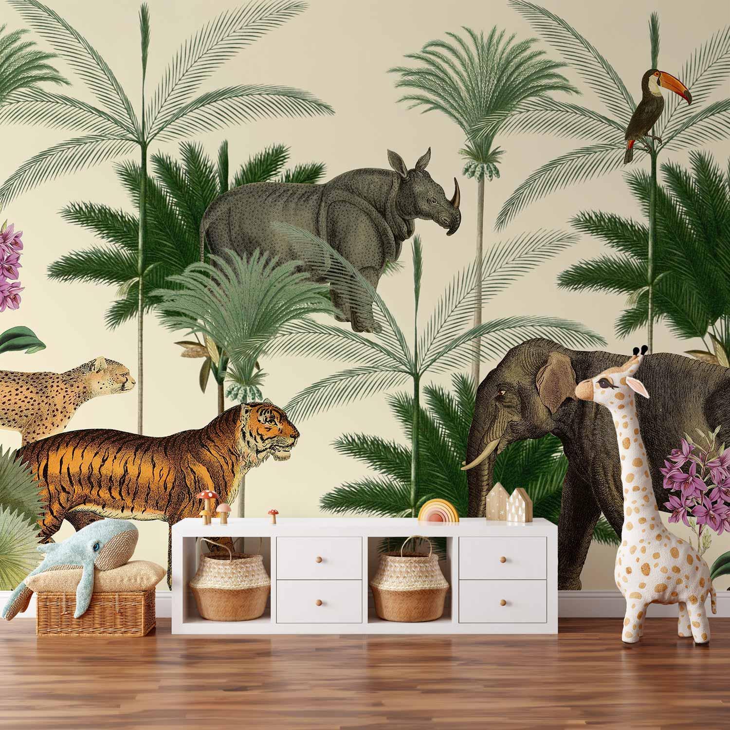 Fototapet med jungledyr i vintage graveringstil - 98 x 70 cm - Selvklæbende