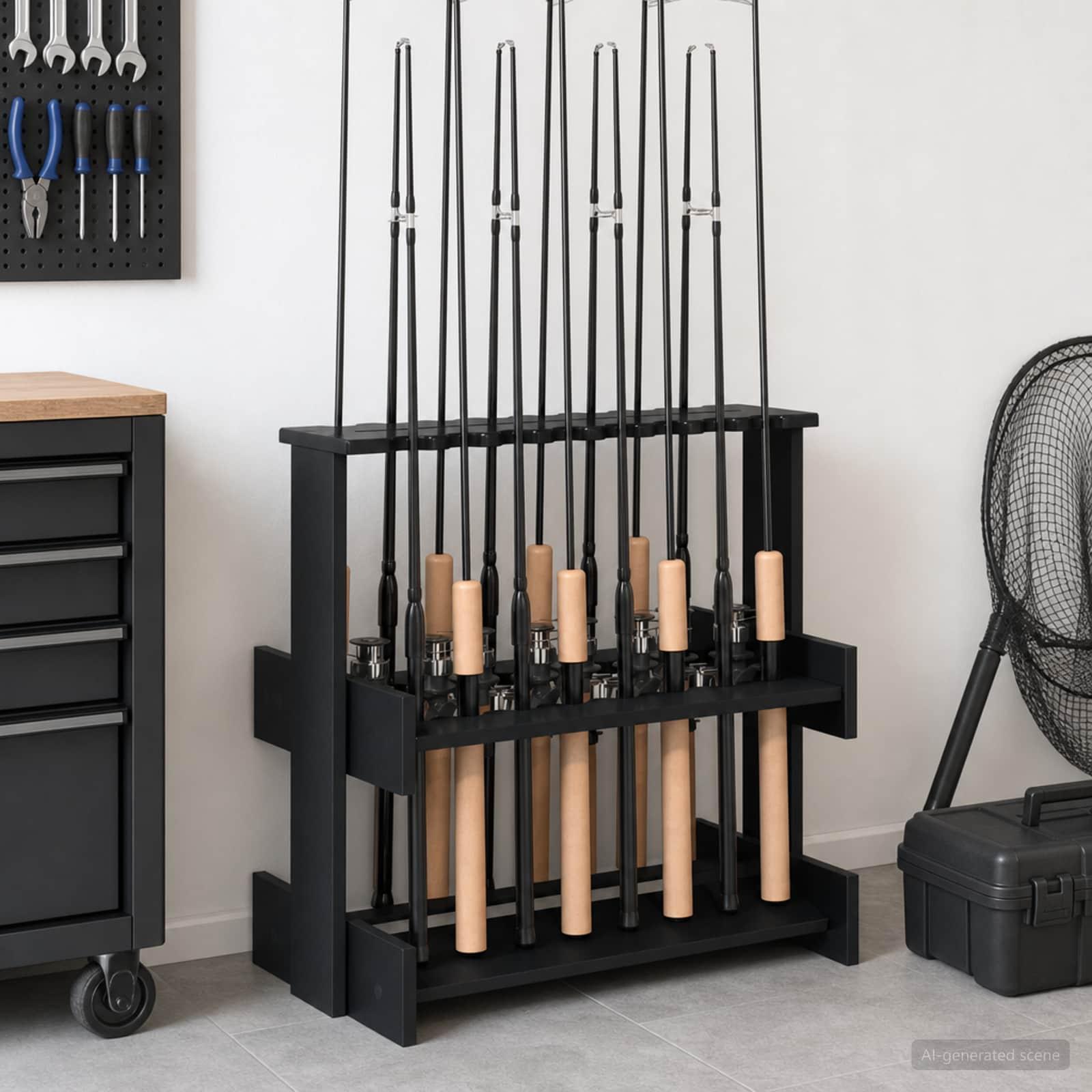 vidaXL Holder til fiskestang Konstrueret træ 60 x 35 x 60 cm Sort
