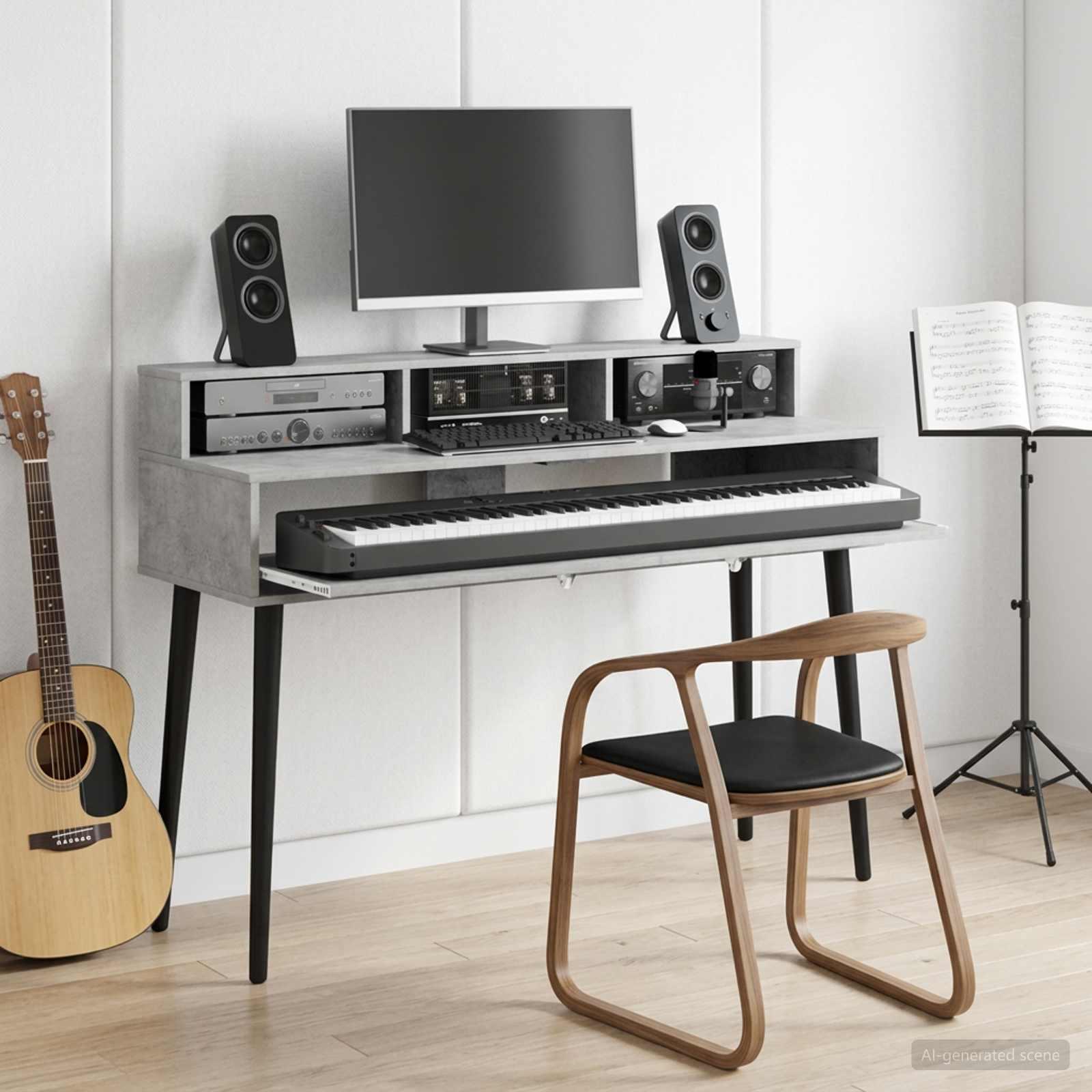 Studiobord i betongrå 110 x 42,5 x 36 cm med udtrækkelig tastaturhylde