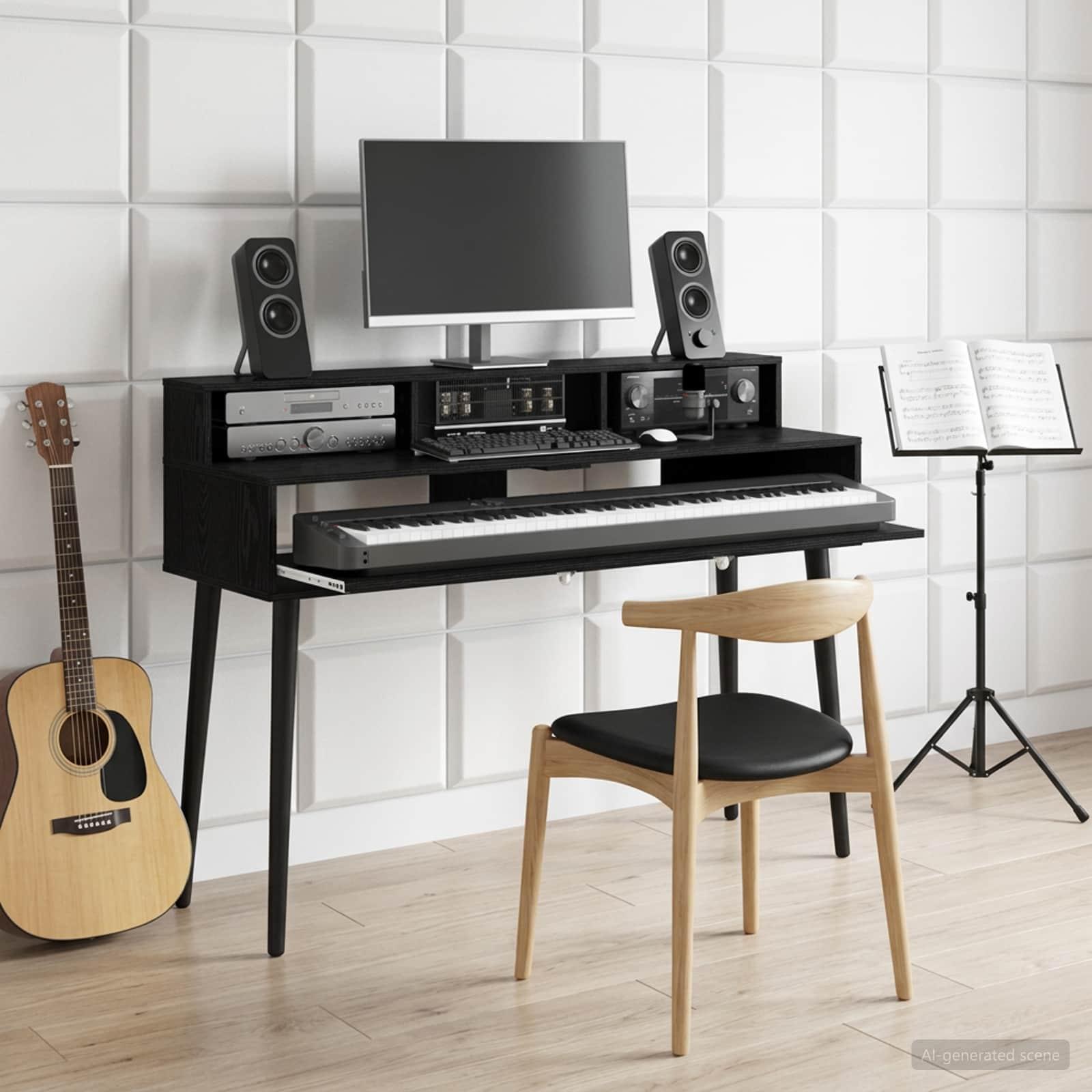 Studiobord i sort eg 110 x 42,5 x 36 cm med udtrækkelig tastaturbakke