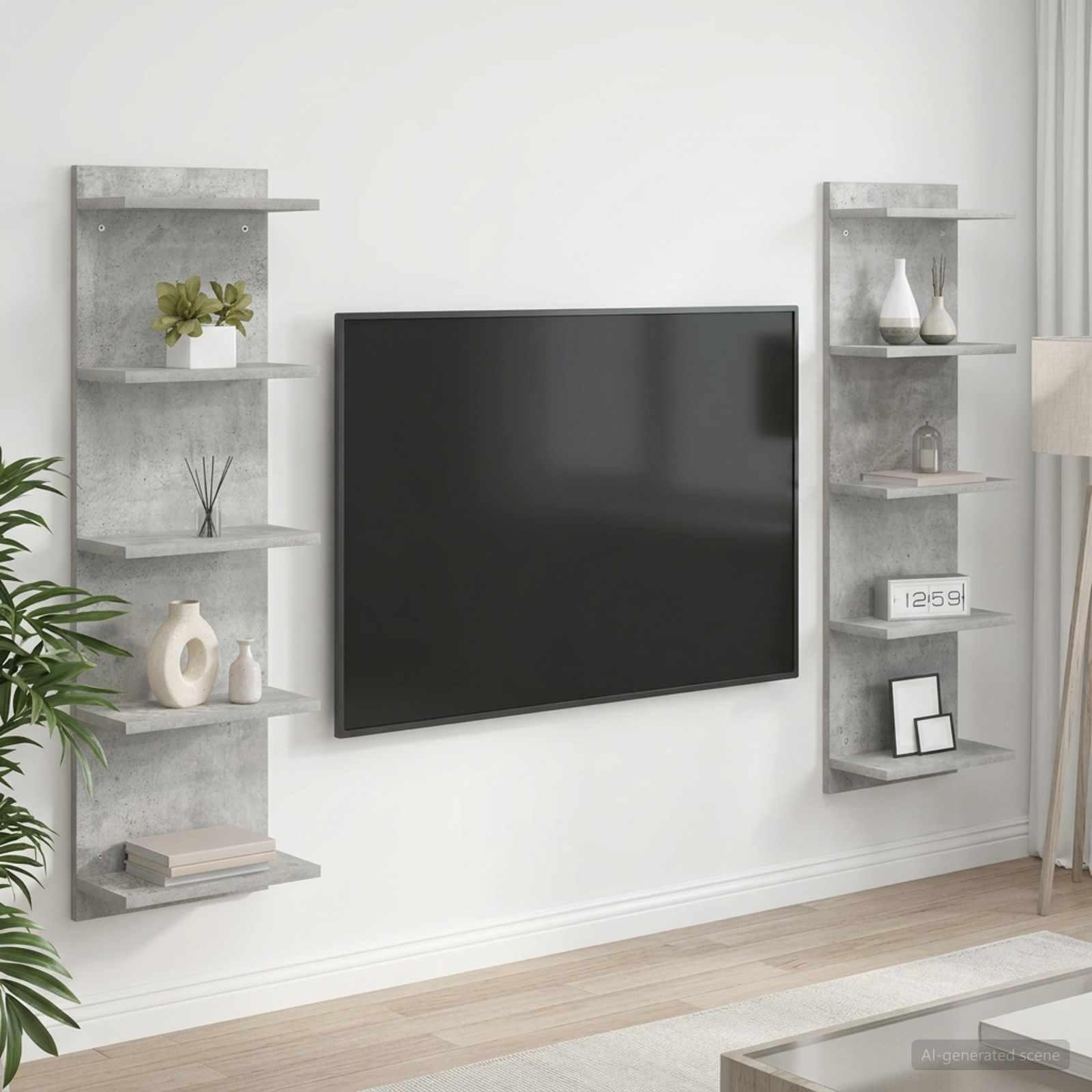 Væghylde 2 stk. i betongrå 30 x 15 x 100 cm - væghængte hylder i konstrueret træ