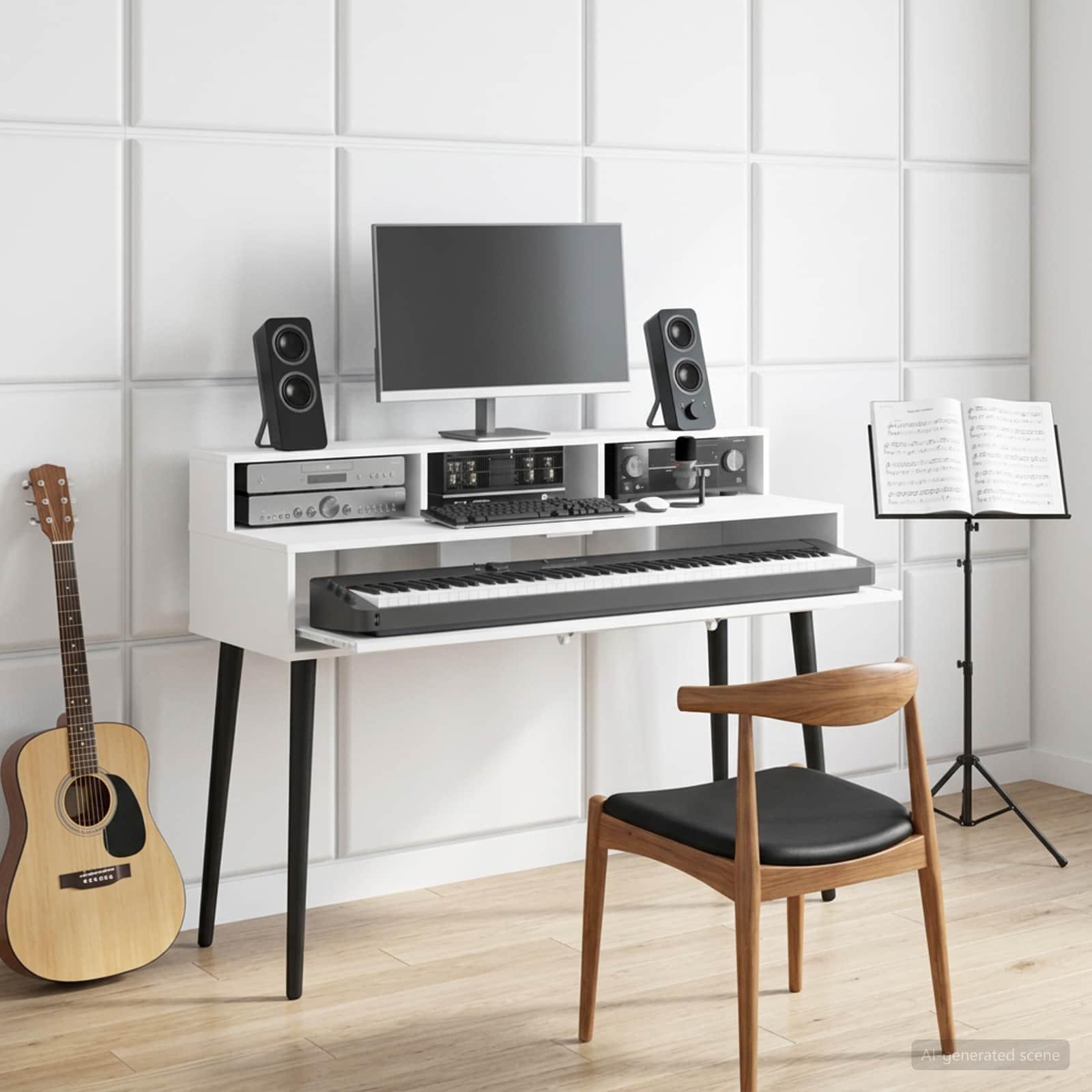 Studiobord i hvid 152 x 42,5 x 36 cm med udtrækkelig tastaturhylde
