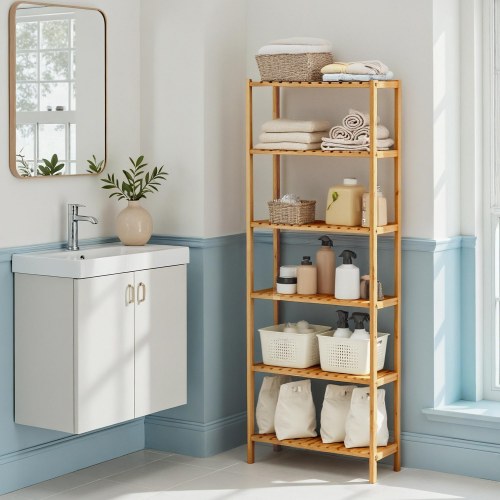 Opbevaringsreol i bambus med 6 hylder - naturbeige