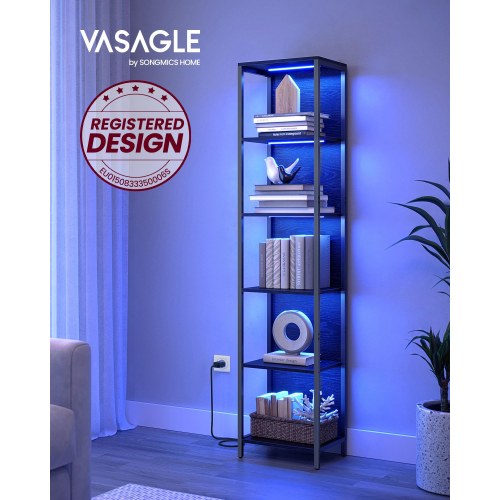 Bogreol med LED-belysning, 6 hylder - Ebony Black