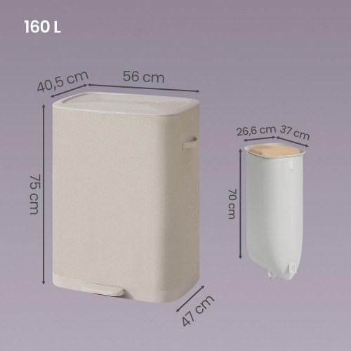 Vasketøjskurv med låg og pedal, 160 l, 2 rum