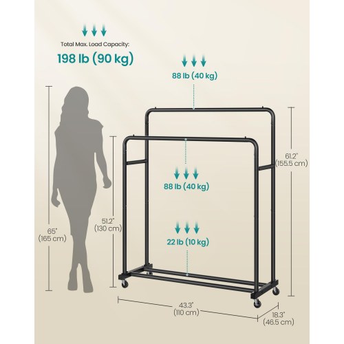 Tøjstativ på hjul med dobbelt bøjlestang 90 kg - sort 155,5 cm