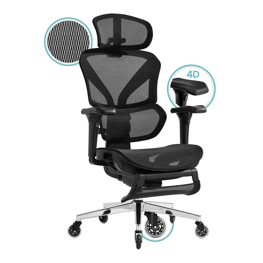 Ergonomisk kontorstol med dobbelt ryglæn, 3D nakkestøtte og 4D armlæn - ink sort