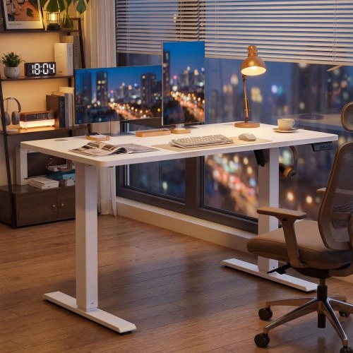Hæve-sænkebord 120 x 60 cm med hukommelsesfunktion og kabelgennemføringer - skyhvid