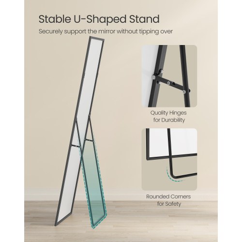 Gulvspejl i fuld længde 160 x 50 cm med stativ - rektangulært, mat sort