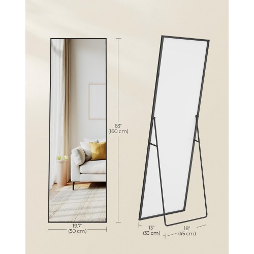 Gulvspejl i fuld længde 160 x 50 cm med stativ - rektangulært, mat sort