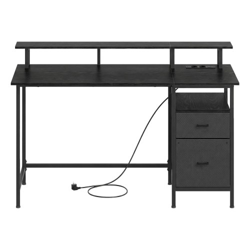 Skrivebord med stofskuffer, skærmhylde og LED-lys 135 × 55 × 90 cm - ibenholt sort