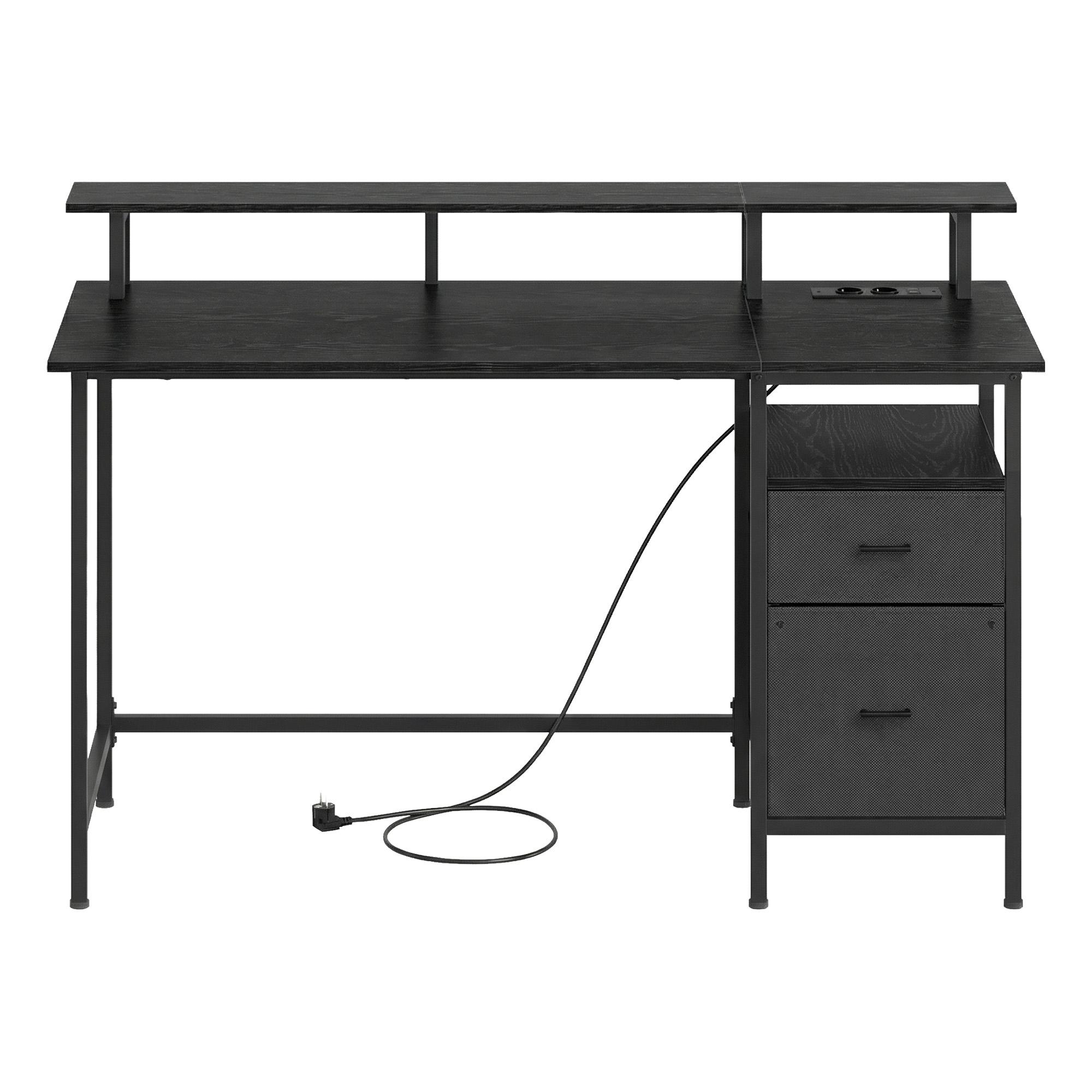 Skrivebord med stofskuffer, skærmhylde og LED-lys 135 × 55 × 90 cm - ibenholt sort