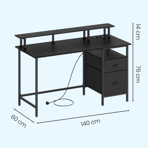 Skrivebord med stofskuffer, skærmhylde og LED-lys 135 × 55 × 90 cm - ibenholt sort