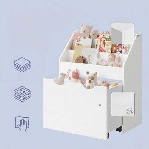 Børnebogreol med opbevaringskasse på hjul - Cloud White