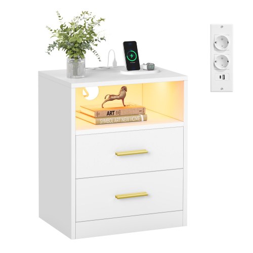 Sengebord med ladestation og LED-lys, 2 skuffer - hvid