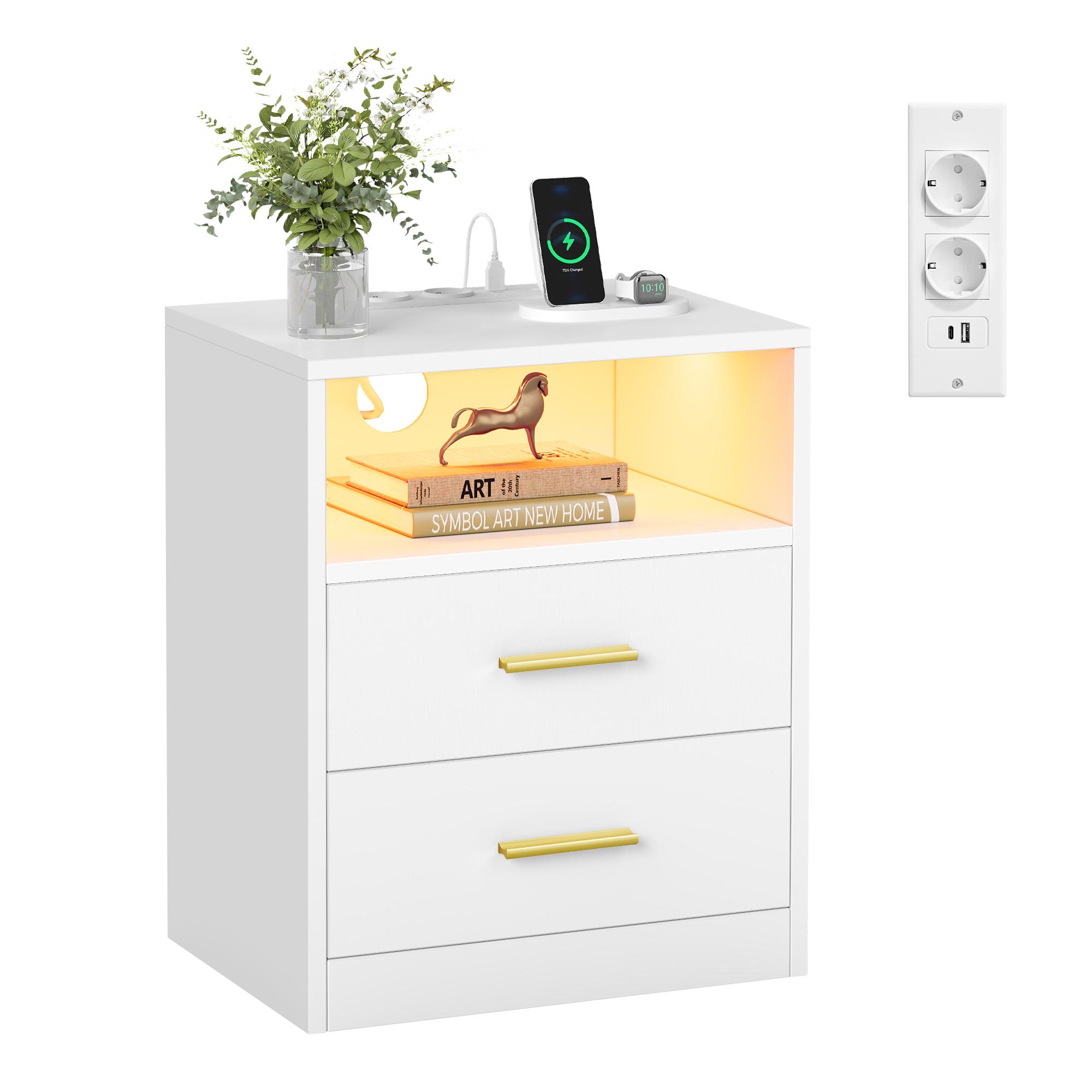 Sengebord med ladestation og LED-lys, 2 skuffer - hvid