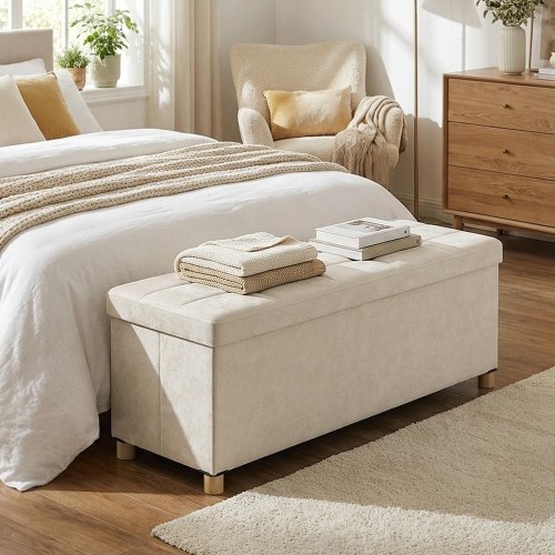 Foldbar opbevaringsbænk i fløjl - cappuccino beige, 112 l