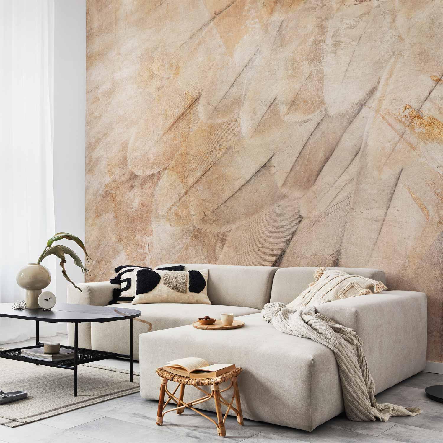 Fototapet med fuglevinger og beige fjer mnster - 98 x 70 cm - Selvklbende
