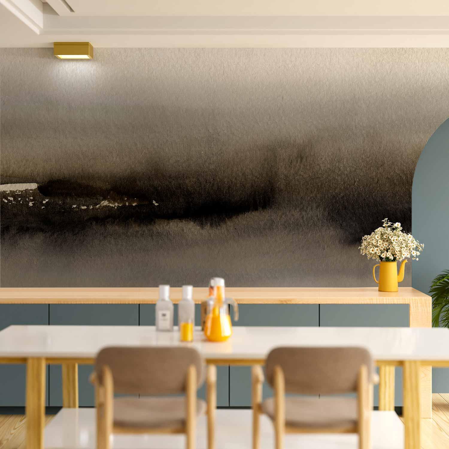 Fototapet Diuna - abstrakt moderne maleri i gr med sort mnster - 350 x 256 cm - Vandtt