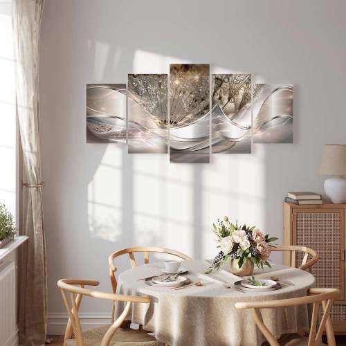 Lærredsbillede Glitrende mælkebøtter (5 dele) - beige, bredformat
