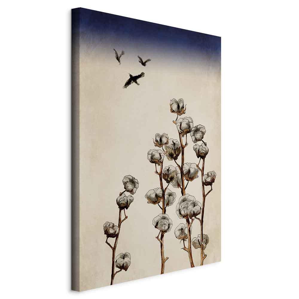 Lærredsbillede Bomuldsgrene med fugle - lodret blomstermotiv - 20 x 30 cm - På italiensk lærred