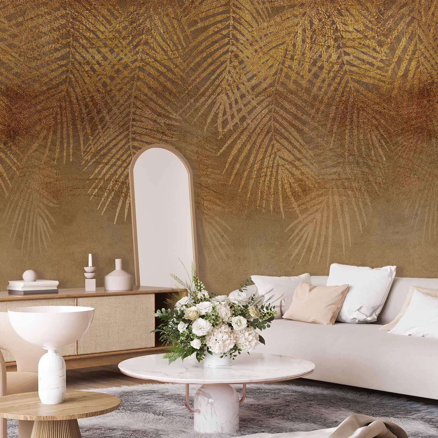Fototapet med abstrakte blade i beige og guld - 98 x 70 cm - Selvklæbende