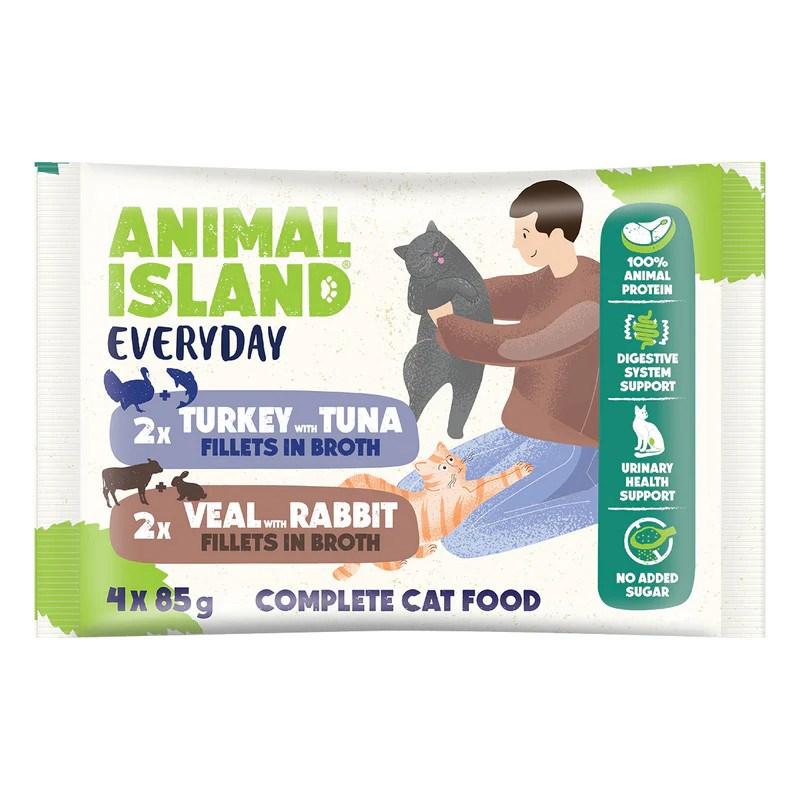 ANIMAL ISLAND Everyday vådfoder til kat med kalv, kanin, kalkun og tun i bouillon 4 x 85 g
