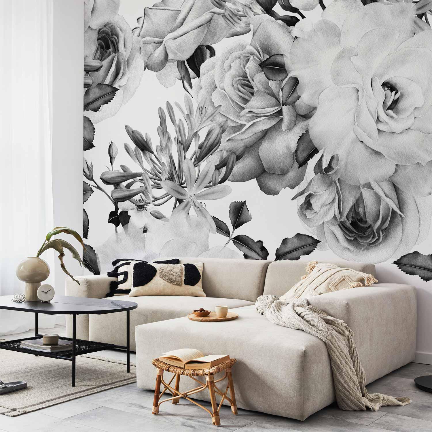Fototapet Sentimental Garden i sort/hvid med blomster - 98 x 70 cm - Selvklæbende