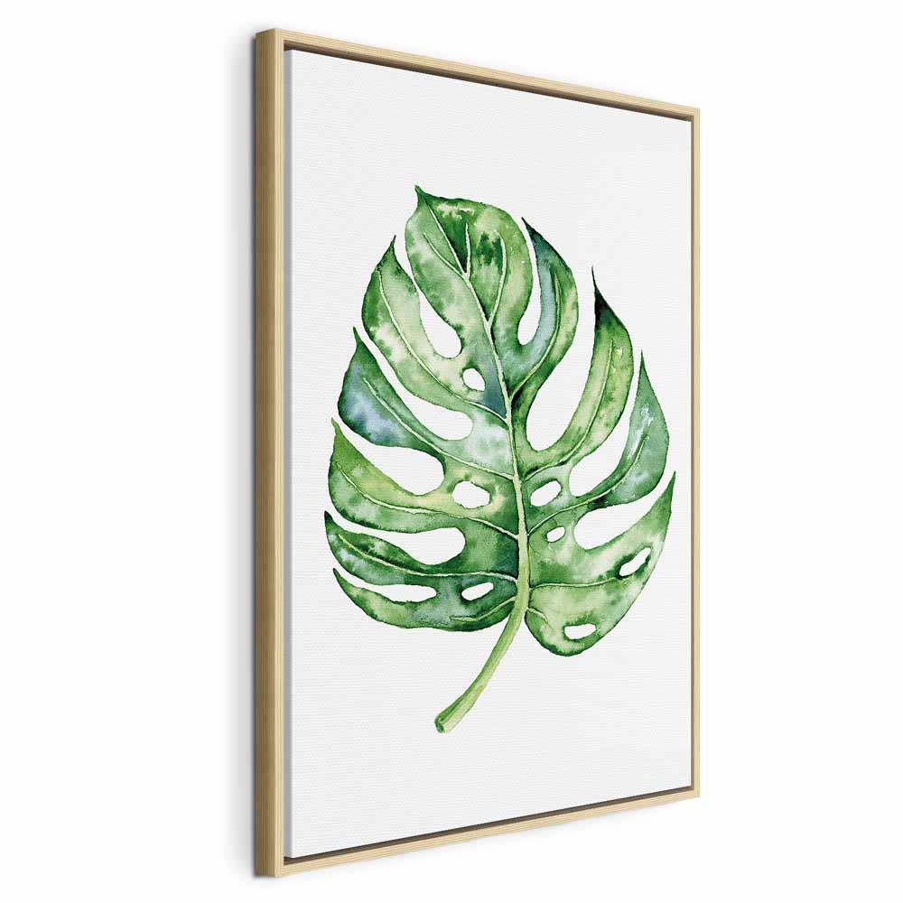 Lærredsbillede Akvarel Monstera lodret - 40 x 60 cm - I en naturlig træramme