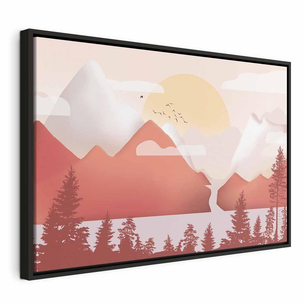 Billede på lærred - Landskab ved solnedgang, bredformat - 120 x 80 cm - I en sort træramme