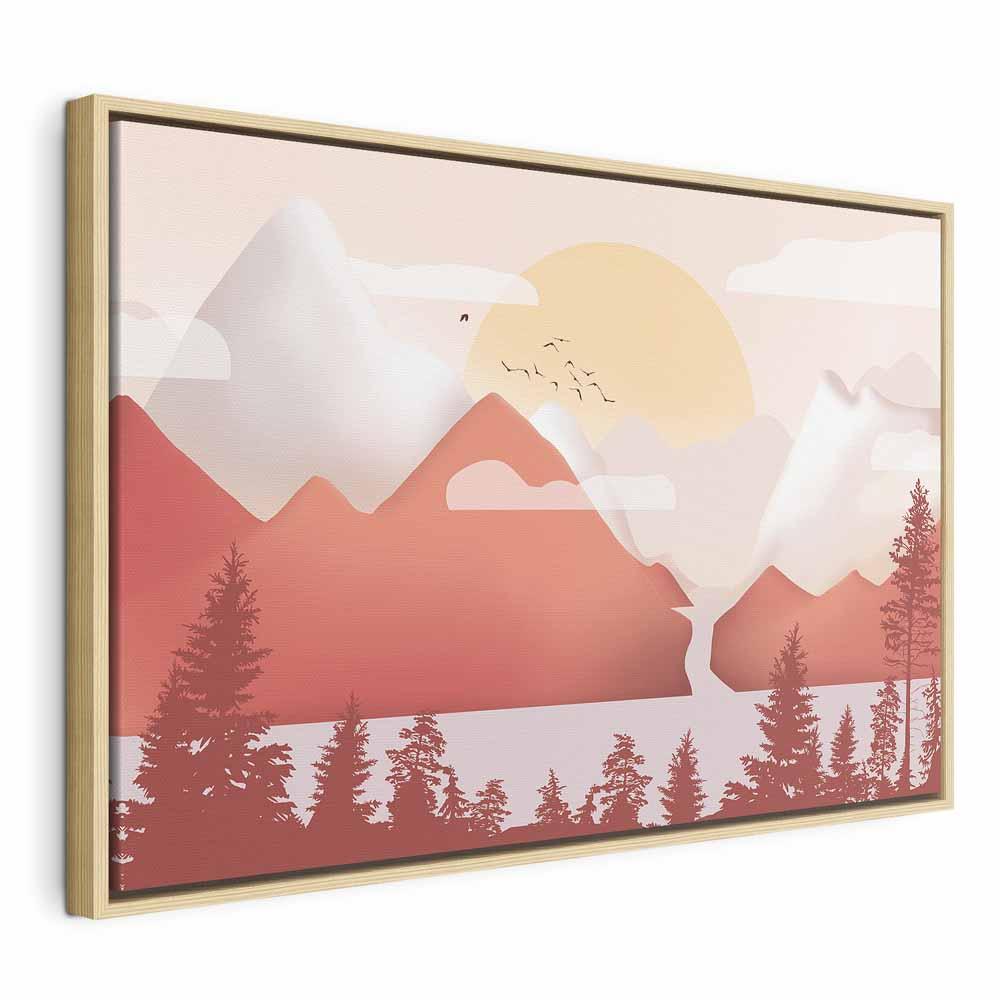 Billede på lærred - Landskab ved solnedgang, bredformat - 120 x 80 cm - I en naturlig træramme