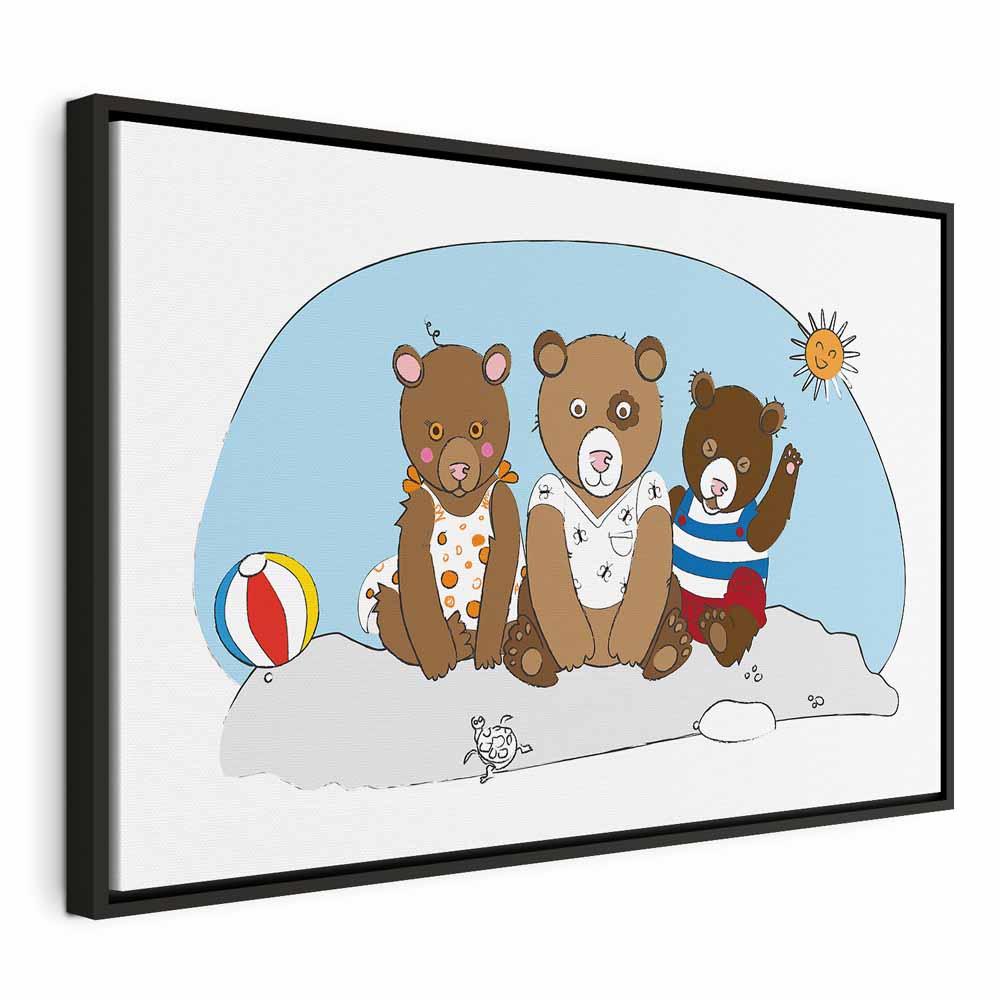 Lærredsbillede til børneværelset - Teddybjørne på stranden, 1 del, bredformat - 120 x 80 cm - I en sort træramme