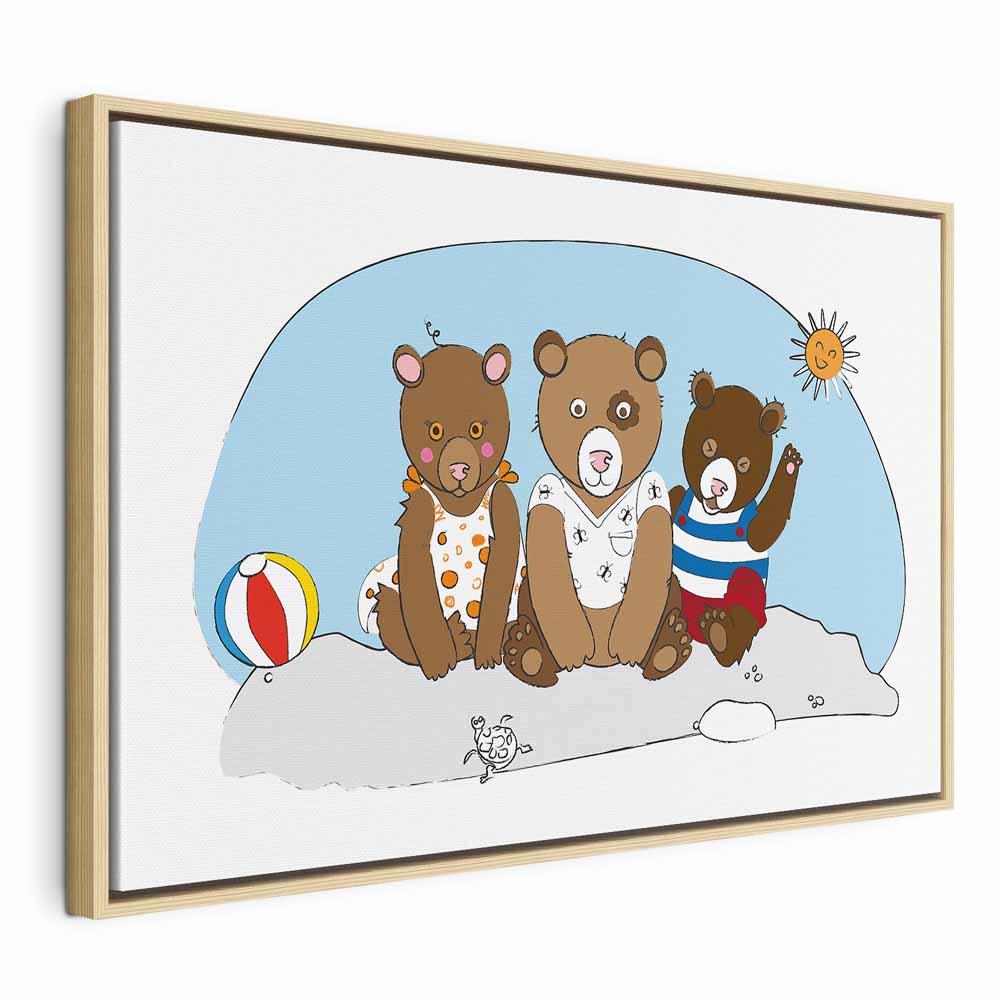 Lærredsbillede til børneværelset - Teddybjørne på stranden, 1 del, bredformat - 120 x 80 cm - I en naturlig træramme