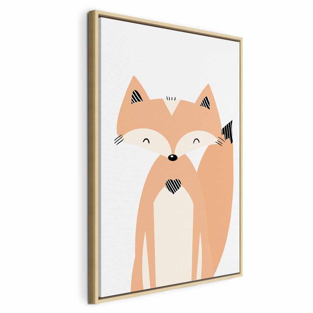 Lærredsbillede Happy Fox lodret til børneværelse - 40 x 60 cm - I en naturlig træramme