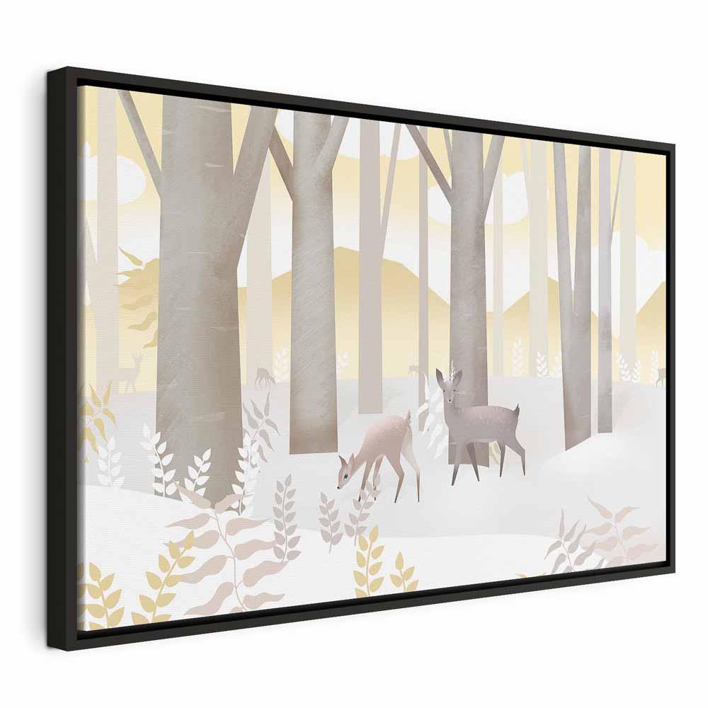 Lærredsbillede Eventyrskov med rådyr - tredje variant - 120 x 80 cm - I en sort træramme