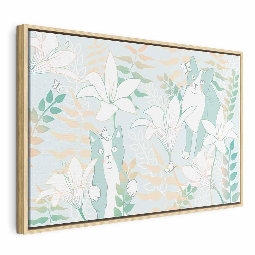 Lærredsbillede Cat Matters bredt format med katte og blomster - 120 x 80 cm - I en naturlig træramme
