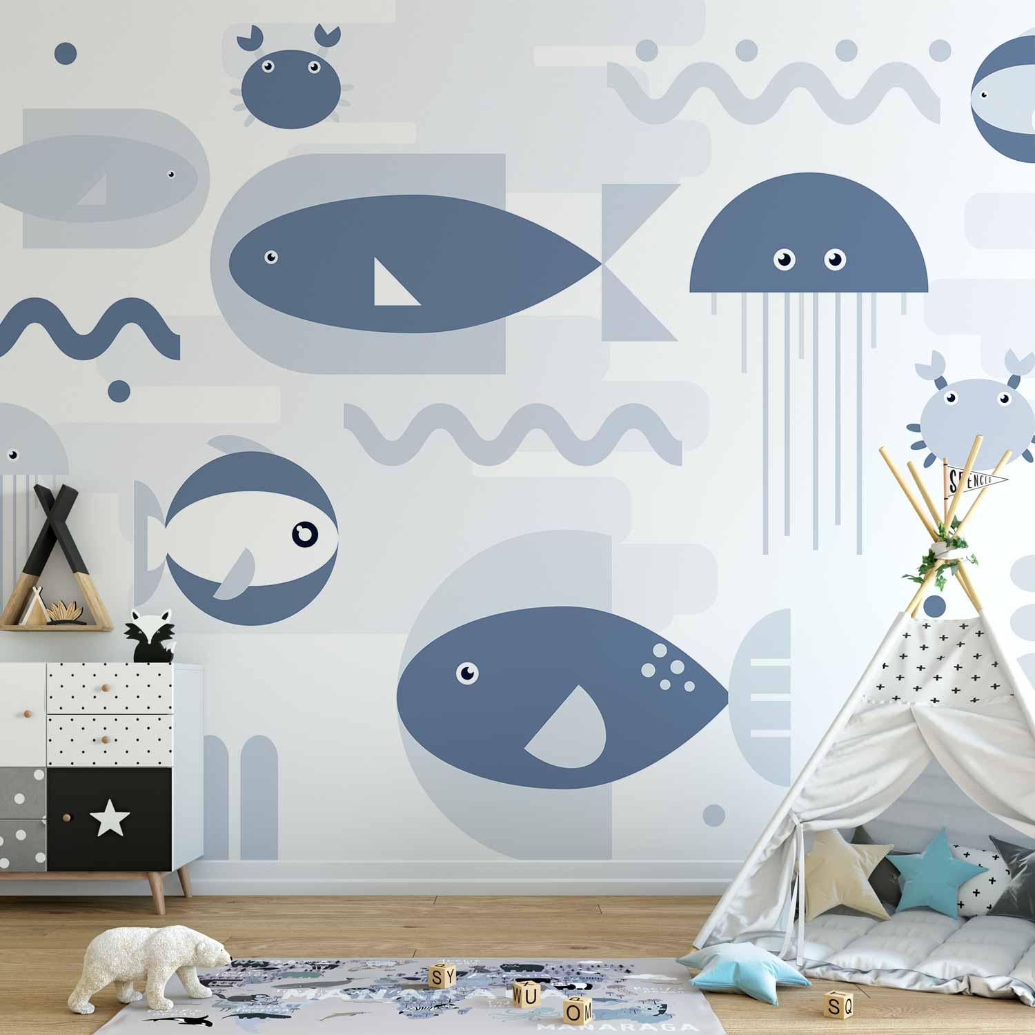 Fototapet til børn - Minimalistisk ocean med geometriske fisk og krabber - 98 x 70 cm - Selvklæbende