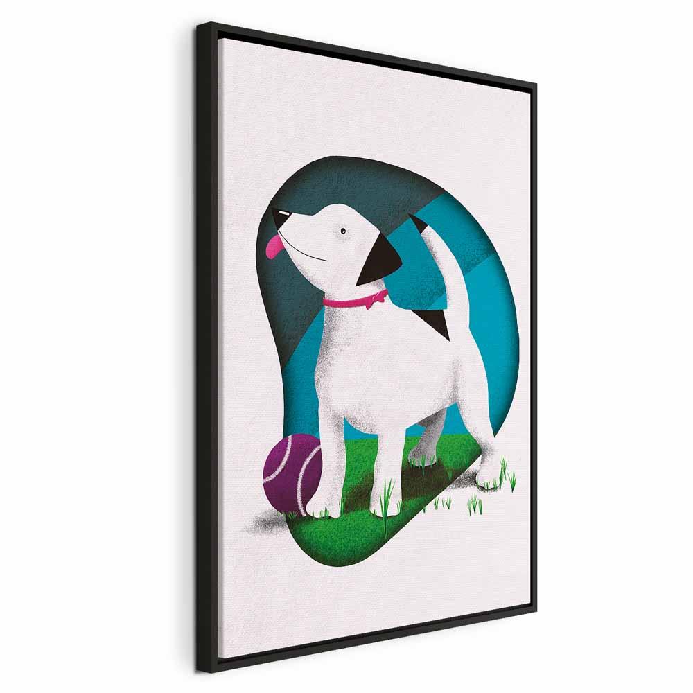 Billede på lærred med hund og bold - lodret børnebillede - 40 x 60 cm - I en sort træramme