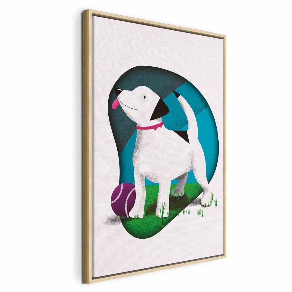 Billede på lærred med hund og bold - lodret børnebillede - 40 x 60 cm - I en naturlig træramme