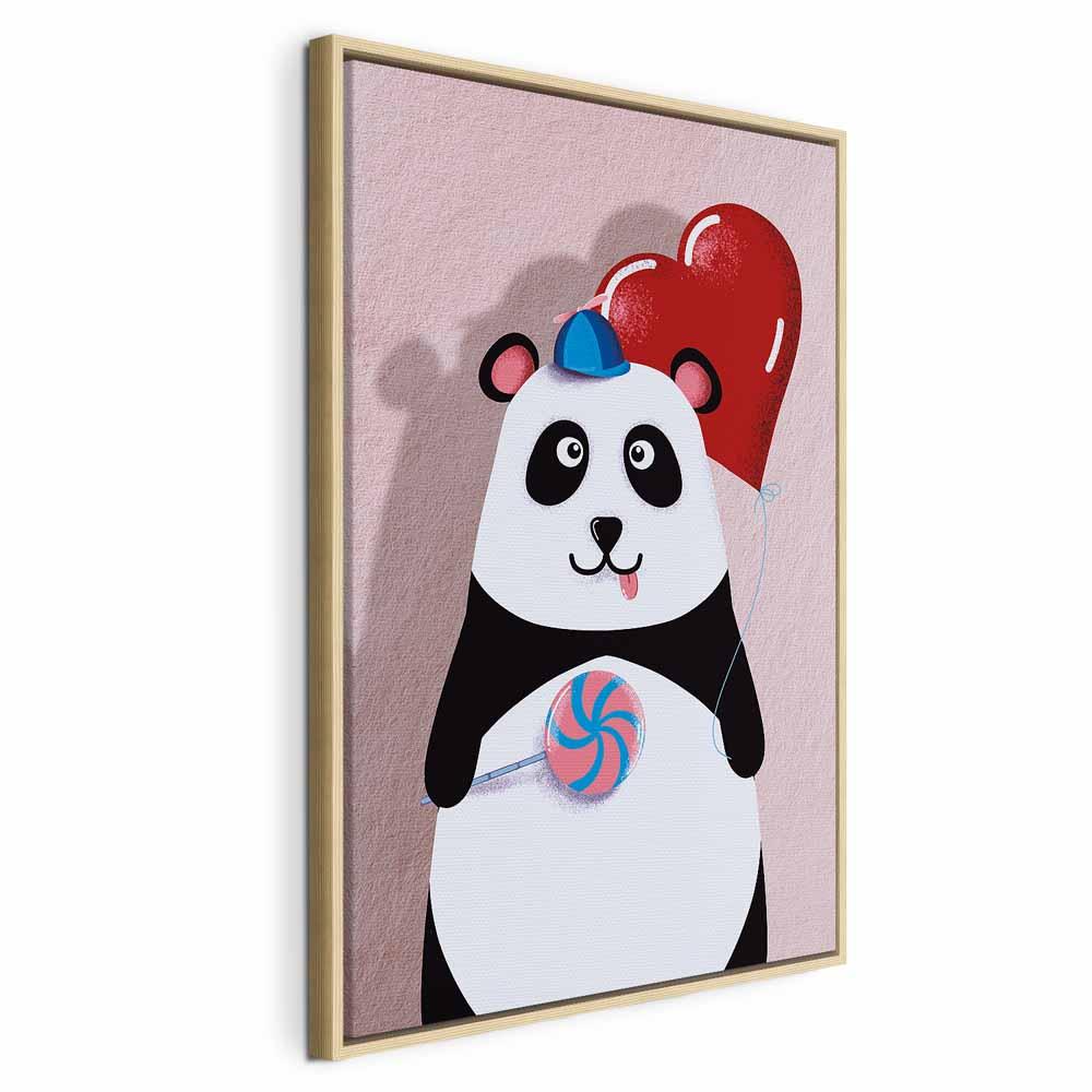 Lærredsbillede Panda med ballon 1-delt lodret til børneværelse - 40 x 60 cm - I en naturlig træramme
